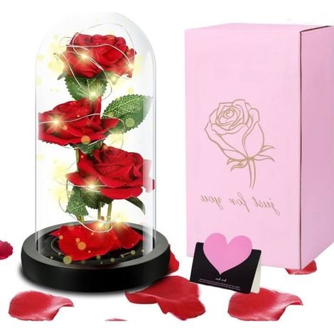 Rose éternelle sous cloche - LECOO - 3 Roses rouges - Lumière LED - Coffret cadeau - Décoration maison (1/4)