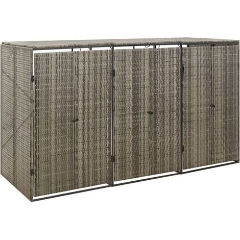Abri de rangement pour poubelles à trois compartiments, gris, 207x80x117 cm, résine tissée. (1/5)