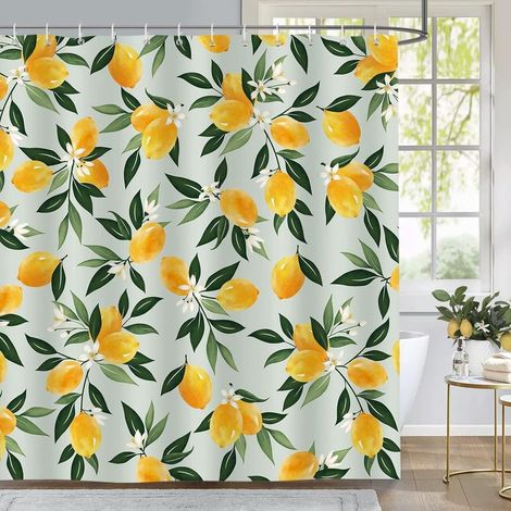 Duschvorhang aus Polyester, 180 x 180 cm, Zitronen- und Blättermuster, schimmelresistent, wasserdicht, waschbar, mit 12 Haken für die Badewanne (1/5)