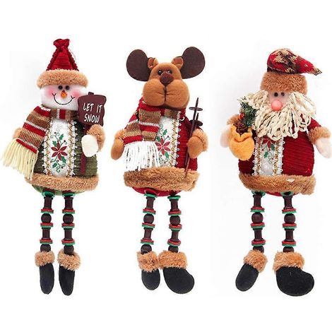 Set mit 3 weihnachtlichen Stofftieren: Schneemann, Rentier und sitzender Weihnachtsmann mit langen Beinen.Entzückender Christbaumschmuck. (1/5)