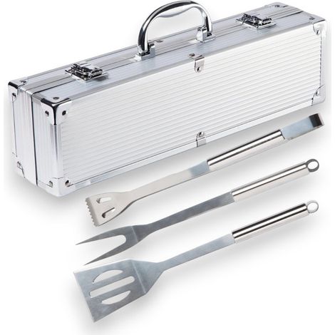 Set attrezzi 3 pezzi barbecue con valigetta pinza spatola forchetta in acciaio (1/5)