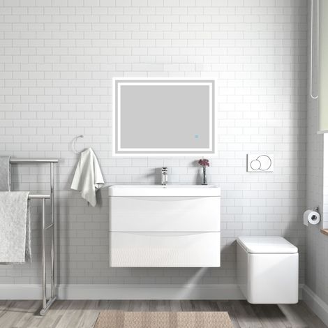 Acezanble 800mm Bathroom Vanity Unit with Basin Gloss White Cloakroom Sink Unit Wall Hung Two Drawers (1/5)