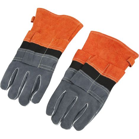 Ein Paar hitzebeständige, flammhemmende und feuerfeste orangefarbene Lederhandschuhe zum Grillen (1/5)
