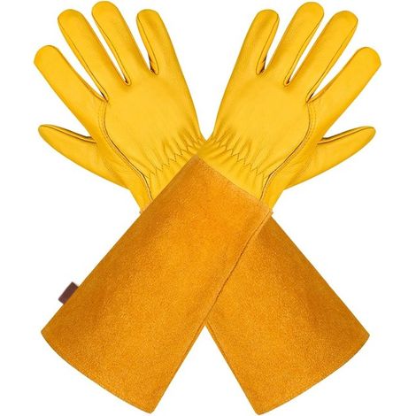 Unisex，Guantes de cuero，Guantes de jardinería，Mangas largas y duraderas de cuero de vaca，Para jardineros y agricultores (L-Amarillo) (1/5)