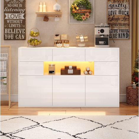 Credenza da soggiorno 140x30x82 cm bianco in MDF con 3 cassetti, 5 armadi e illuminazione LED (1/5)