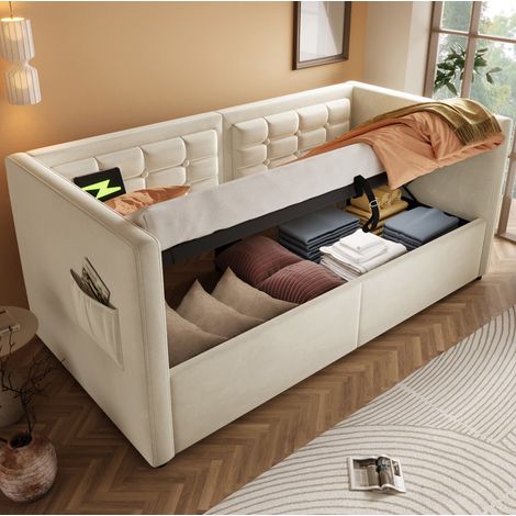 Sofá cama 90x200 cm beige de terciopelo con almacenaje hidráulico y puertos USB-C (1/5)