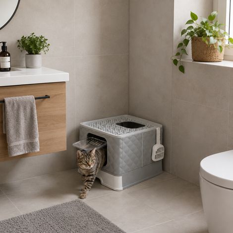 belviona Katzentoilette faltbar, Katzenklo mit Schublade & Streufanggitter, auslaufsicher & hygienisch, hellgrau (1/5)