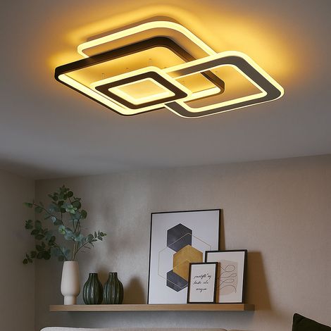 Plafonnier LED Salon noir gris Chambre à coucher, effet Crystal Sand, 40W 2100lm blanc chaud, LxH 50 x 48 cm