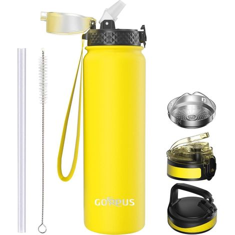 Thermosflasche Strohhalm Edelstahl Doppelschicht 1L 1000 ml Gelb (1/5)