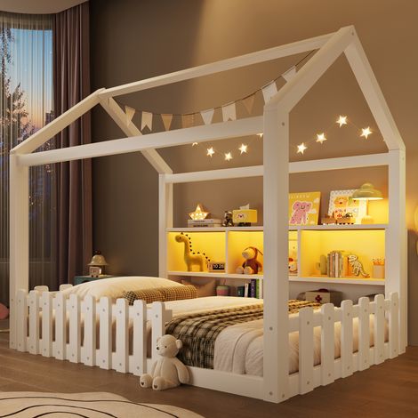 Lit cabane en bois blanc 90x190 cm avec LED et étagères de rangment, lit enfant jumeau avec sommier à lattes, bois de pin naturel