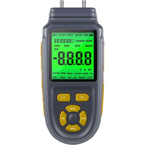 Manomètre numérique avec bouton orange et écran LCD, manomètre différentiel à double port, adapté aux systèmes de climatisation. (1/5)