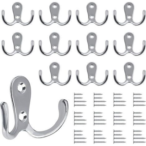 Lot de 12 crochets muraux doubles - En métal argenté - Style vintage - Avec 48 vis - Pour porte-manteau, salle de bain, cuisine - Argenté (1/5)