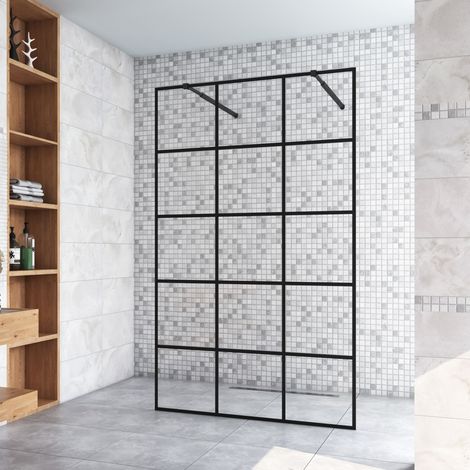 117.7x200cm+ mit 2 73-120cm Schwarz Stabilisator 8mm Nano Sicherheitsglas Walk in Gittermuster Streifen Duschwand Duschabtrennung (1/5)