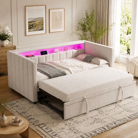 Ausziehbares Schlafsofa 90x190 cm beige aus Samt mit LED, USB-C und Stauraum (1/5)