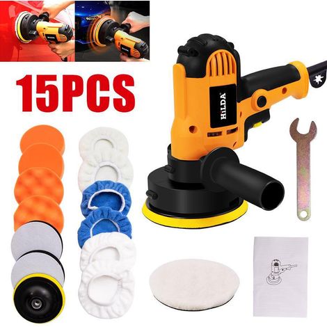 Polisseuse Voiture Jaune Norme CE, Machine de Polissage et Ponçage Compacte avec Kit de 15 Tampons de 5 Pouces, pour Réparation de Rayures, Lustrage et Cirage Automobile et Domestique (1/3)