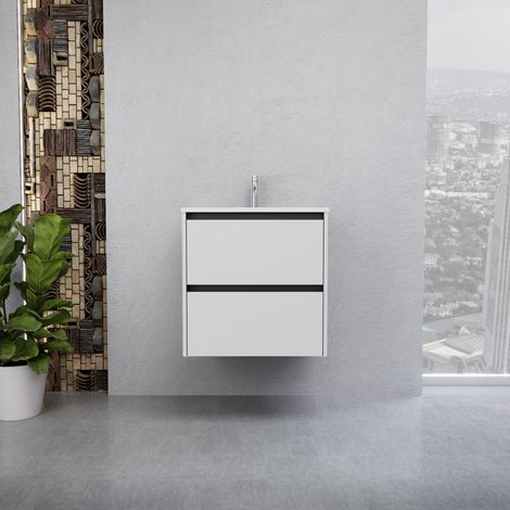 Inda - Badezimmerschrank 2 Schubladen B.60 mit glänzendem Waschbecken / Weiß glänzend - Smeraldo