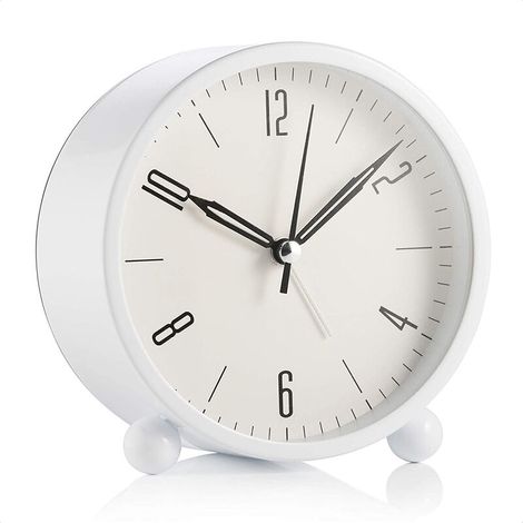 Réveil rond sans coutil, à piles et fonction d'éclairage, réveil super silencieux, design simple et élégant pour bureau / chambre à coucher, blanc (1/5)