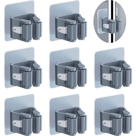Non è necessaria la foratura, supporti da parete per scope e mop, confezione da 8 pezzi, supporti autoadesivi da parete per scope e mop, adatti per cucine, bagni e giardini (grigio). (1/5)