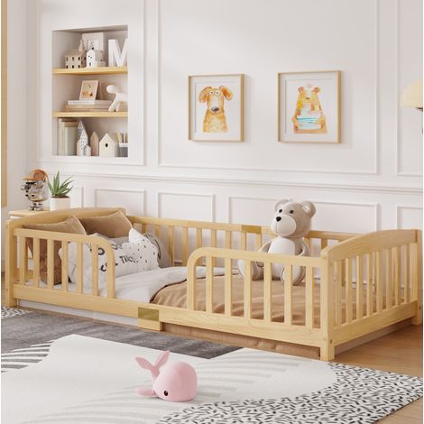 Cama montessori 90 x 200 cm de pino natural con barandillas de seguridad y acceso central (1/5)