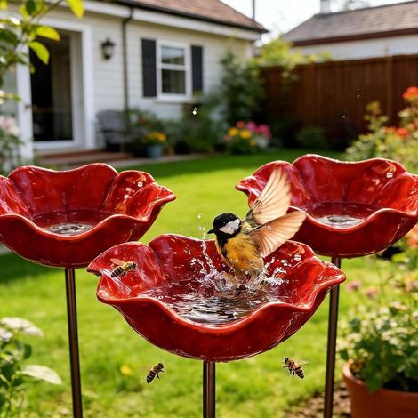 Abreuvoir Mangeoire Oiseaux Exterieur, Bain Oiseaux Extérieur, Décoration pour Jardin Terrasse, Bain d'oiseaux Abreuvoir sur Pied pour Abeilles et Papillons, Hauteur 60CM (3PCS-Rouge) (1/5)