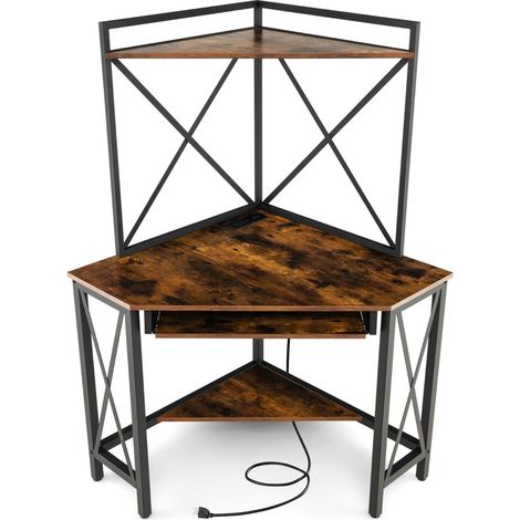 Bureau d'angle peu encombrant 113 x 75 x 145 cm avec station de recharge design moderne en métal marron rustique