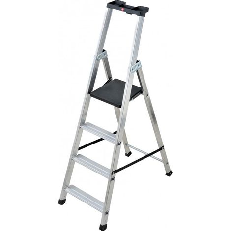 Hailo – Escabeau professionnel 4 marches – Hauteur max 2m90 – Plateforme PEHD haute résistance – Tablette porte-outils multifonction (1/8)
