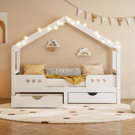 Lit enfant avec toit 90 x 200 cm, 2 grands tiroirs, structure en bois et MDF solide, peinture UV quasi sans odeur, charge max 120 kg (1/5)