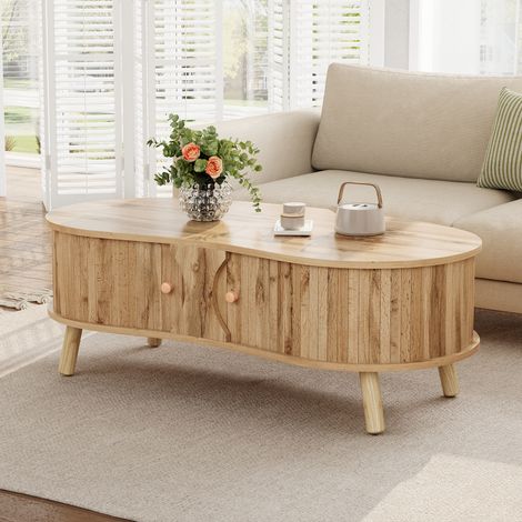 Table basse en forme de pois avec aspect rainuré, 2 portes coulissantes, table de salon, pieds en bois massif, matériau MDF empilable