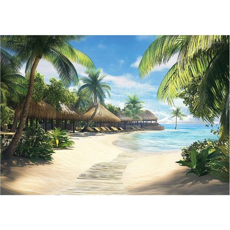 Papier peint mural plage paradis palmiers mer 3D intissé grand format design intérieur salon chambre pas cher 250x175 cm (1/5)
