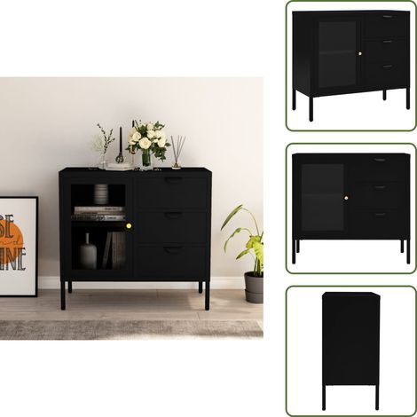 Buffet Noir 75x35x70 cm Acier et verre trempé - Buffet Noir - Meuble De Rangement - Buffet Moderne - Buffet Industriel - Buffet Contemporain