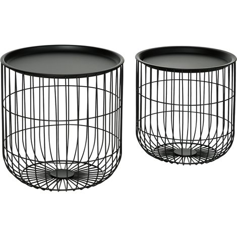 Set di 2 tavolini da caffè rotondi in acciaio nero con contenitore, stile scandinavo (1/5)