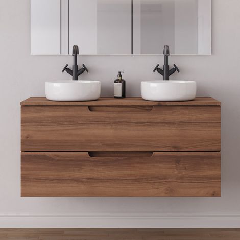 Meuble de salle de bain 120cm avec plateau et 2 vasques à poser rondes - 2 tiroirs - sans miroir - noyer (bois foncé) - SONRIZA (1/5)