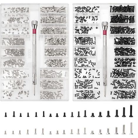 1000 Pièces Kit de Vis de Réparation Minuscule Micro, Kit d'Assortiment de Petites Vis en Acier Inoxydable avec Tournevis, M1.2 M1.4 M2 Micro Vis de Réparation, Argent et noir (1/4)