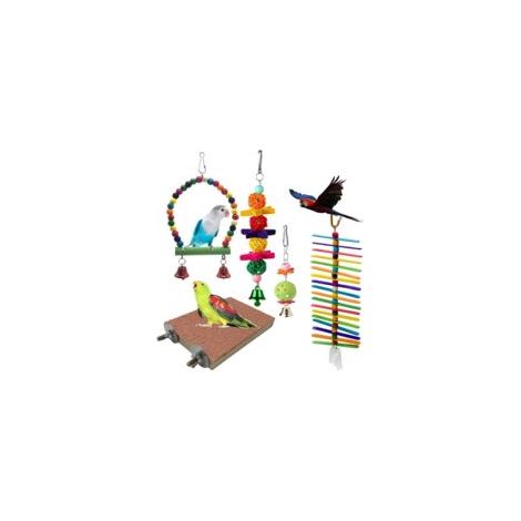 Set di 5 giocattoli da masticare per uccelli: trespolo, perline di legno, palla e campanellino - Crezuo