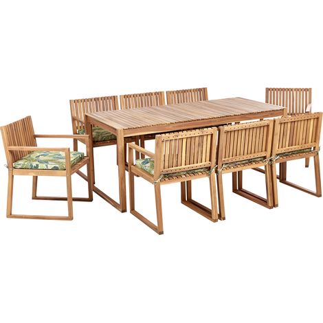 Conjunto de jardín 8 plazas rústico de madera de acacia certificada sillas con cojines de asiento verde motivo hojas Sassari II