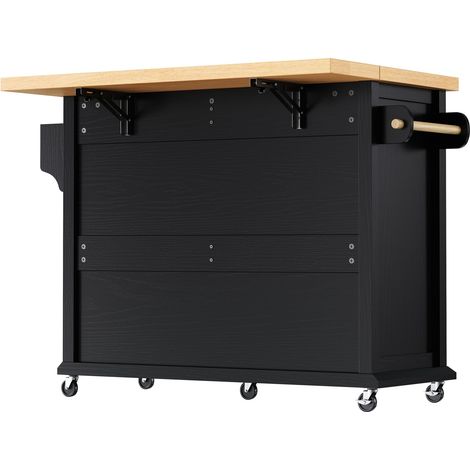 Îlot de cuisine, extensible, mobile sur roulettes, avec tiroirs, 107 x 45 x 90,5 cm, MDF, noir (1/5)