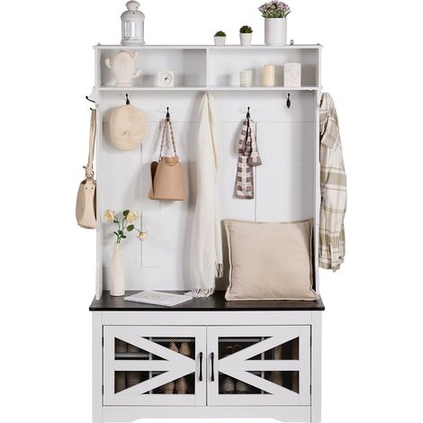 Porte-manteau, porte-manteau en bois avec banc et rangement à chaussures, porte-manteau blanc avec porte-manteau, étagères réglables et 7 crochets, meuble d'entrée avec bande lumineuse USB, pour entré (1/5)