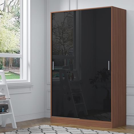 Reflect 2 Door Sliding Wardrobe - Black Gloss & Walnut - Hanging Rails & Shelves - Modern Design