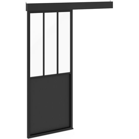 Idmarket – Porte coulissante verrière 83 cm en métal noir – 3 vitraux en verre trempé – Kit prêt à poser avec rail et fixations – Style industriel