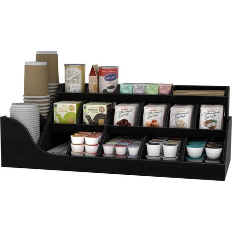 Pod-holder en bois pour l'assiette avec tiroir pour les épices, sirop et tasses de thé, adapté pour les zones de réception,3 étages,Noir (1/5)