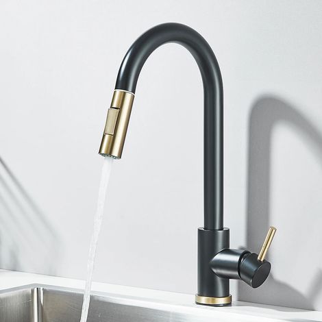 Robinet extractible (noir et or), pommeau de douche, mitigeur de comptoir, poignée unique (1/3)