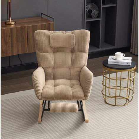 Schaukelstuhl aus Cord in Braun 102 x 65 x 92 cm, hohe Rückenlehne, ausziehbare Fußstütze und Nackenkissen (1/5)