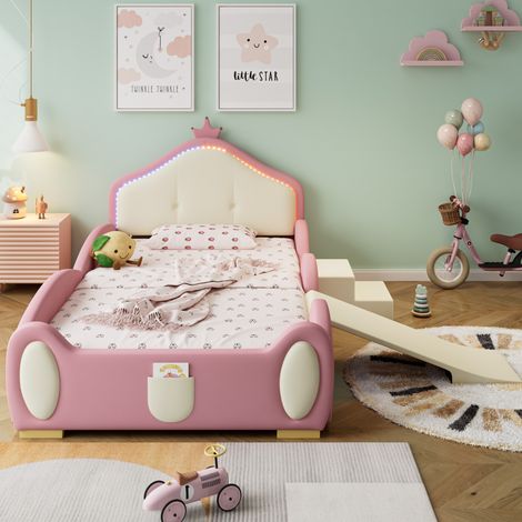 Cama infantil tapizada con LED y tobogán rosa OKMYHOME (1/5)