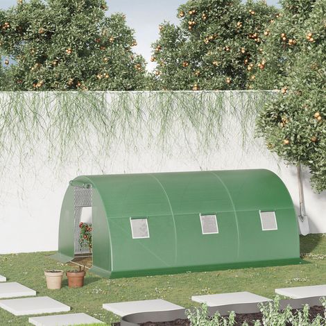 4,5 x 3 x 2 m großes Gartentunnel-Gewächshaus mit PE-Folie, Pflanzengewächshaus mit Rolltor und Fenstern, Grün