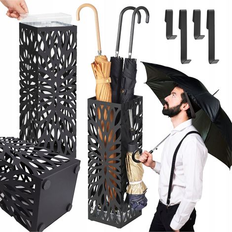 Porte-parapluie ajouré avec égouttoir, panier en métal + 2 crochets (1/5)