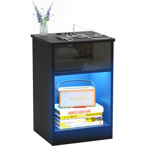 Haloyo® Lot de 1 Tables de chevet avec 1 tiroirs , Table de Nuit, Table Téléphone, Prises CA, décor bois, pour Salon, Chambre, Bureau, 40x35x60cm, noir (1/5)