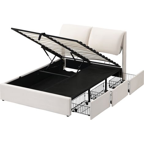 Cama canapé hidráulica 140 x 200 cm de terciopelo beige con 3 cajones y cabecero (1/5)