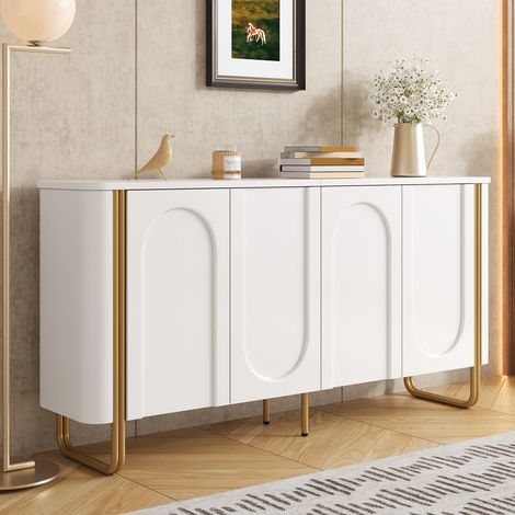 Buffet Bahut 4 portes rangement étagé structure en MDF pieds en fer relief arqué angles arrondis ouverture push-to-open (1/5)