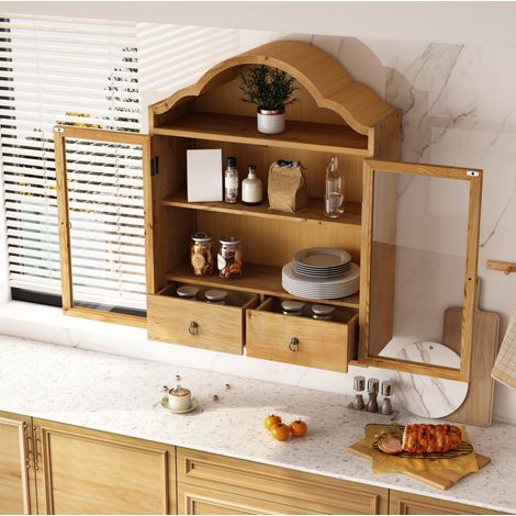 Armario de pared 60/22/76,5 cm de madera maciza natural con vidrio templado y cajones (1/5)