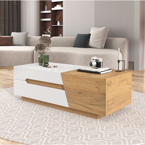 Table basse relevable 120x50x37.5 cm blanc et bois naturel en MDF avec rangement coulissant et tiroirs (1/5)